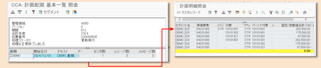 SAP CO-周期実行結果画面