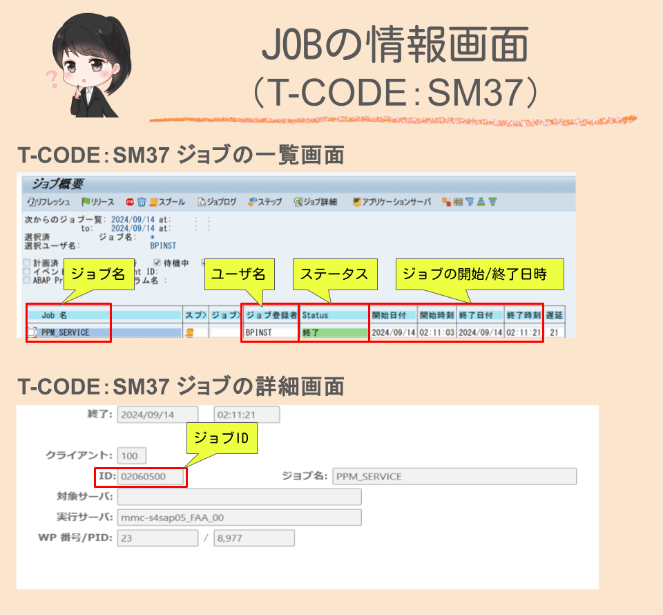 JOBの情報画面（T-CODE：SM37）