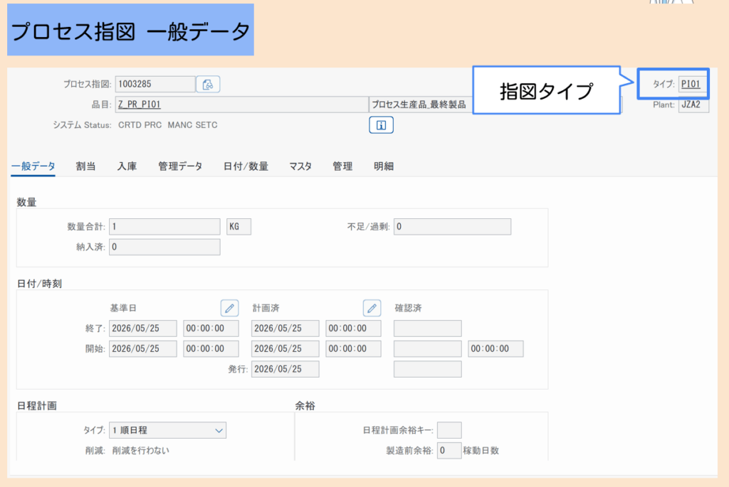 プロセス指図　一般ビュー
