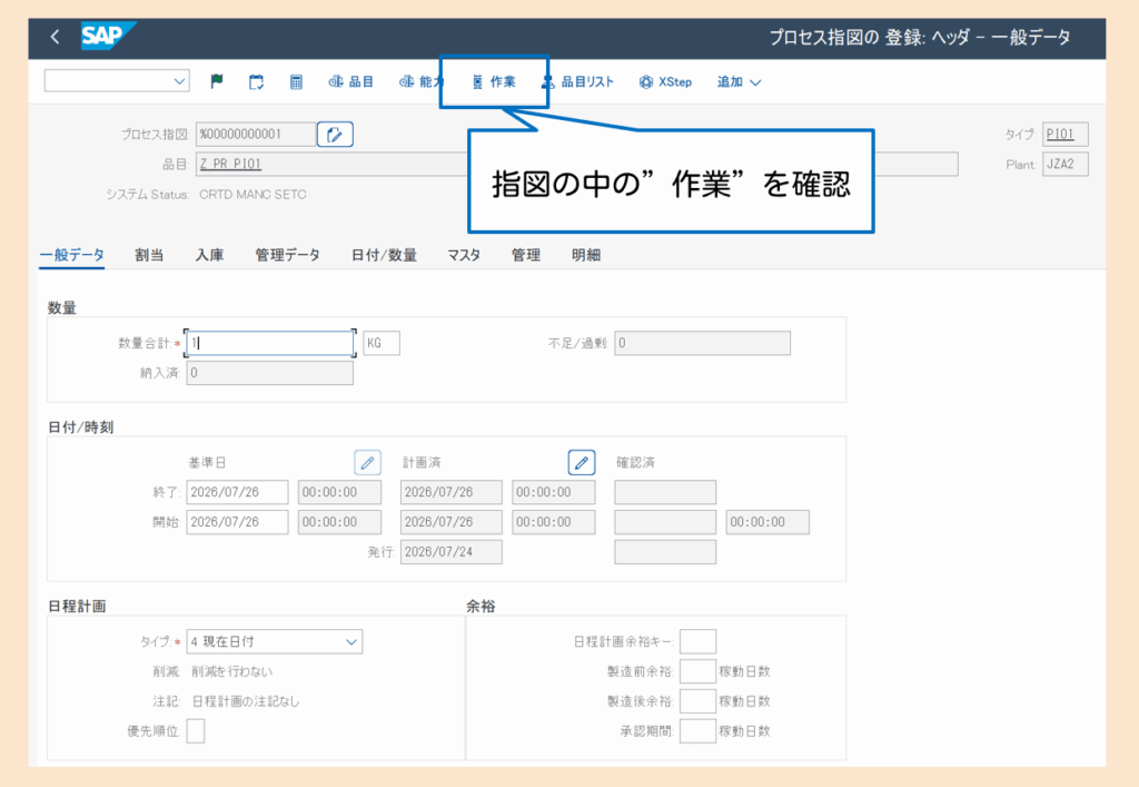プロセス指図登録画面
