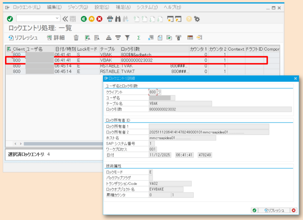 SAP SM12 一覧照会画面