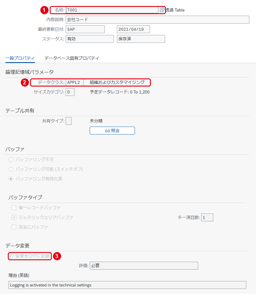 テーブルの技術設定