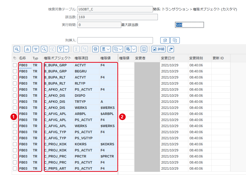 T-CODE：SE16N で USOBT_C の FB03 を照会した画面