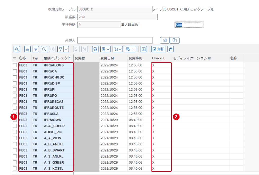 T-CODE：SE16N で USOBX_C の FB03 を照会した画面